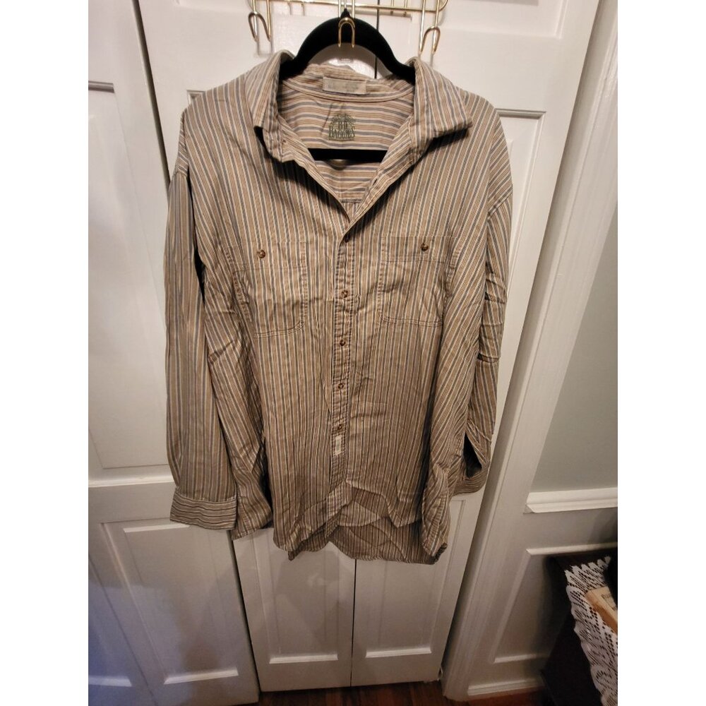 Men Tan/Blue Striped Button Up B.D. Baggies sz 17.5 34/35 Streetwear Skater